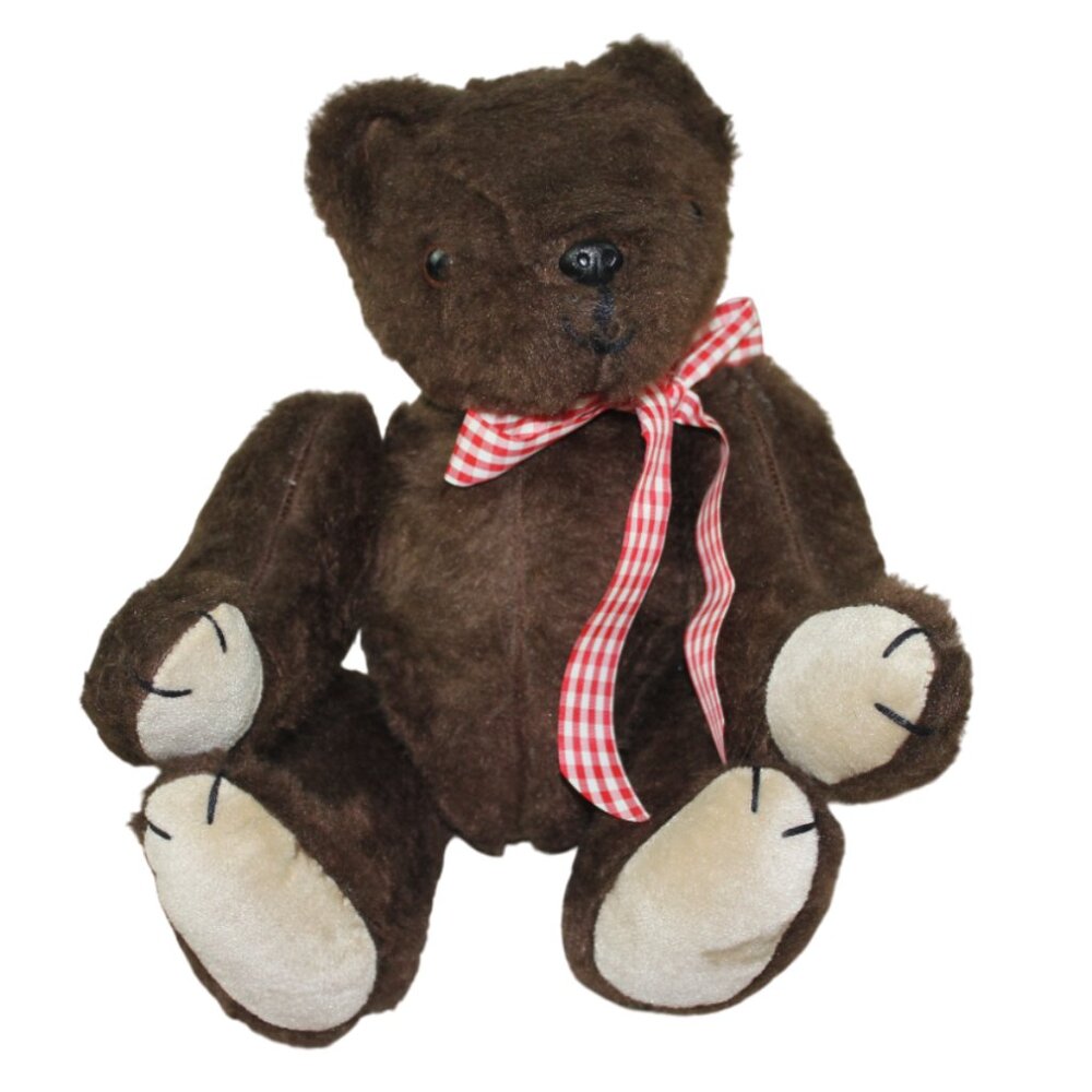 Vintage Brown Teddy Bear Jointed Red White Gingham Bow Stuffed Toy 15" RARE Vtg
